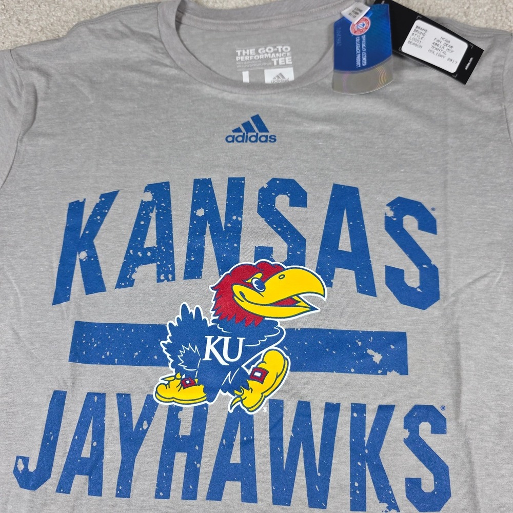 Adidas Kansas Jayhawks Mens Large Gray Climalite Performance Graphic T-Shirt NEW